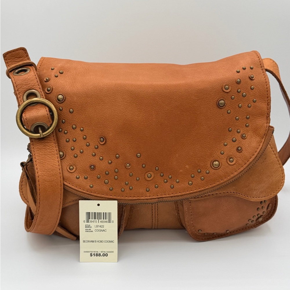Lucky Brand Beckham Hobo Cognac Leather Crossbody Bag Studded Boho